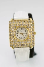 Regent Watch Women Gold Stainless Steel Leather White WR Rhinestones Batt Quartz