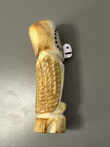 Owl Fetish Carved from Antler - 2 1/4" Tall, Mother-Of-Pearl eyes and nose - Picture 2 of 7