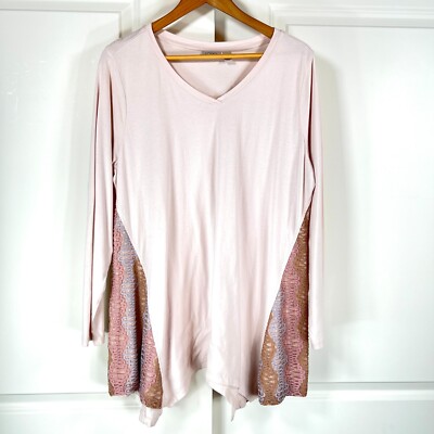 LOGO Lori Goldstein Caroline Top Lace Godets Pink Sz M Long Sleeve V-Neck