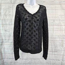 Ann Taylor LOFT Womens Open Knit Sweater Sz Small Black Cotton Long Sleeve