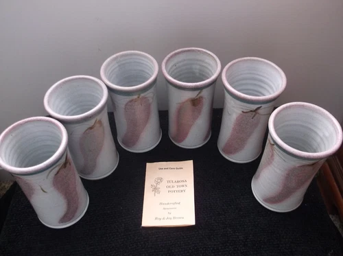 Vintage Handmade Stoneware Pottery Cups, 6 inches tall, Set of 6