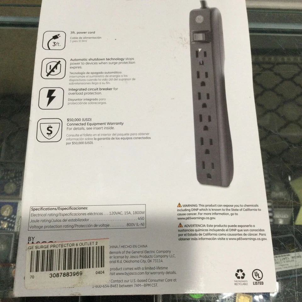 GE 6 Outlet Power Strip 2 Pack, 3’ Cord, Black 450 Joules - Image 2 of 3