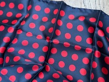 POCKET SQUARE 100 SILK BLUE w /RED POLKA DOTS.MADE IN ENGLAND-HAND ROLLED