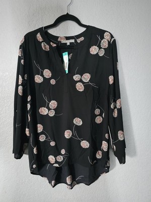 Daniel Rainn Koda Top Women Black Dandelion Floral V-NECK Casual Blouse XXL