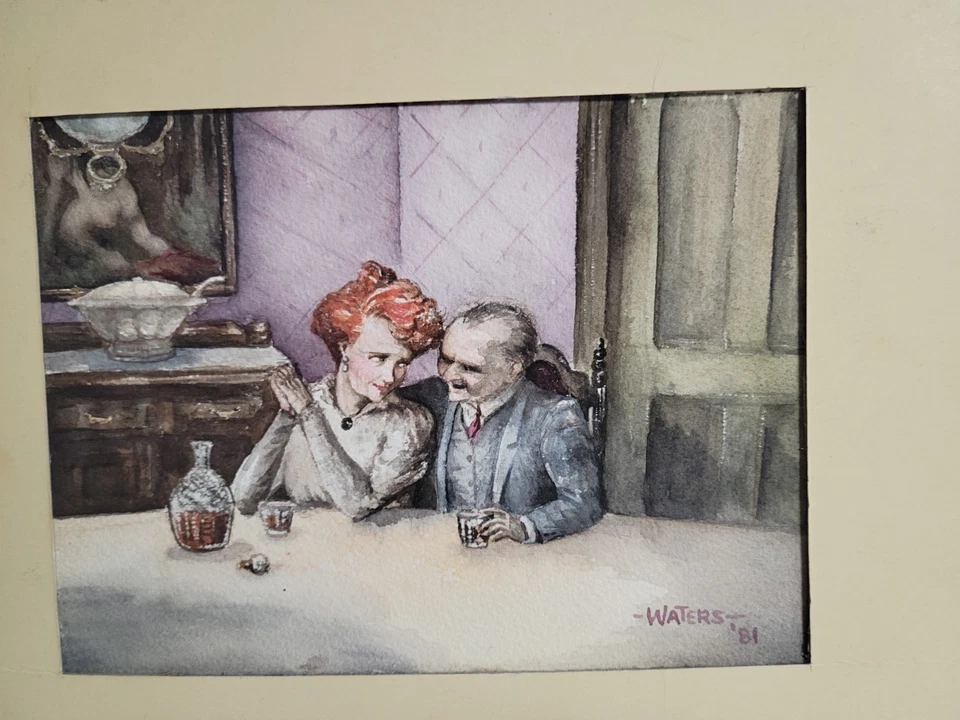 Винтажная акварельная картина мужчина/женщина пьющая за столом подписанная вода 81 - Изображение 2 из 4