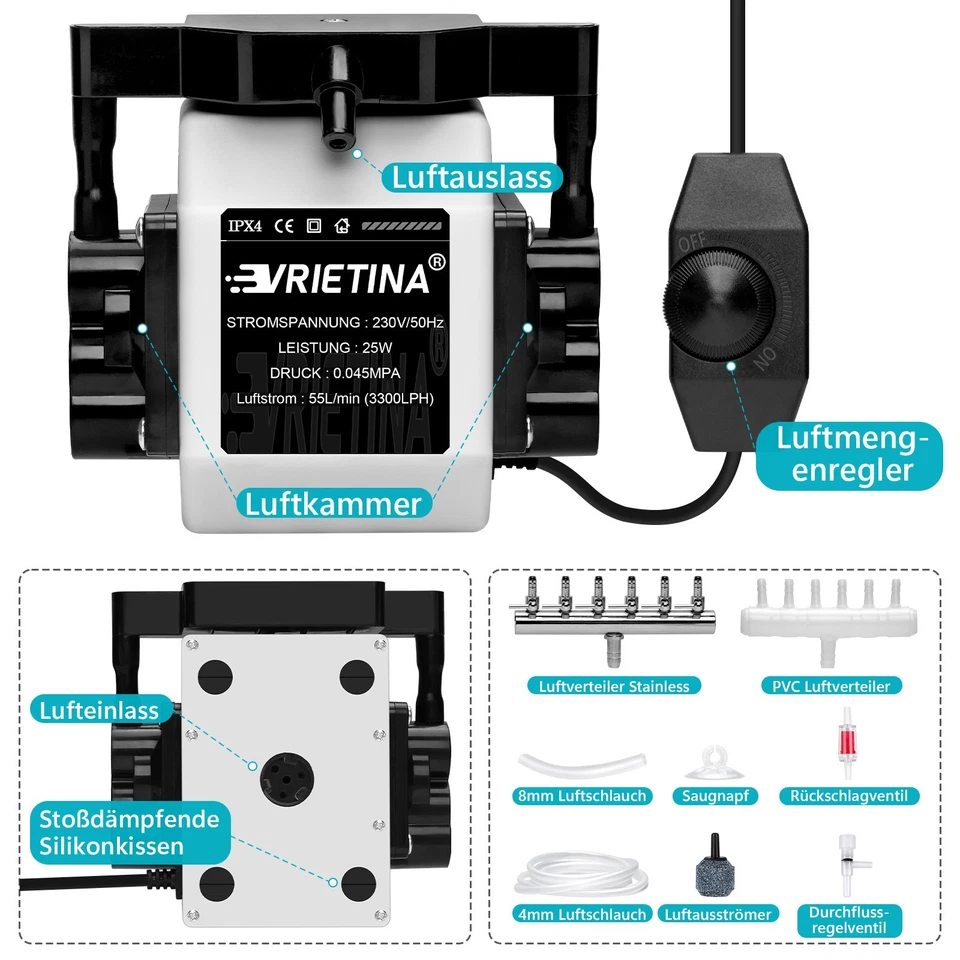 3300L/H 25W Aquarium Luftpumpe 6Ausgänge Gartenteiche Tauchpumpe Sauerstoffpumpe - Bild 2 von 4