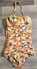 Vintage orange Shirred Swimming Costume Ruched 50s 60s 10 12 halterneck straples