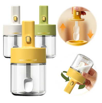 Glass Seasoning Jars (3Pcs) with Retractable Spoon and Lid for Spice, Sugar Salt