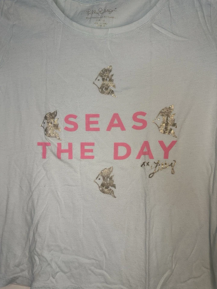 Lilly Pulitzer Girls Seas The Day Graphic T-Shirt Light Green Pullover Sz L 8-10 - Image 3 of 4