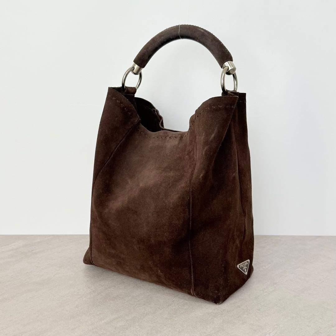 PRADA Triangle Logo Scamosciato Met Hobo Tote Bag Suede Dark Brown Used