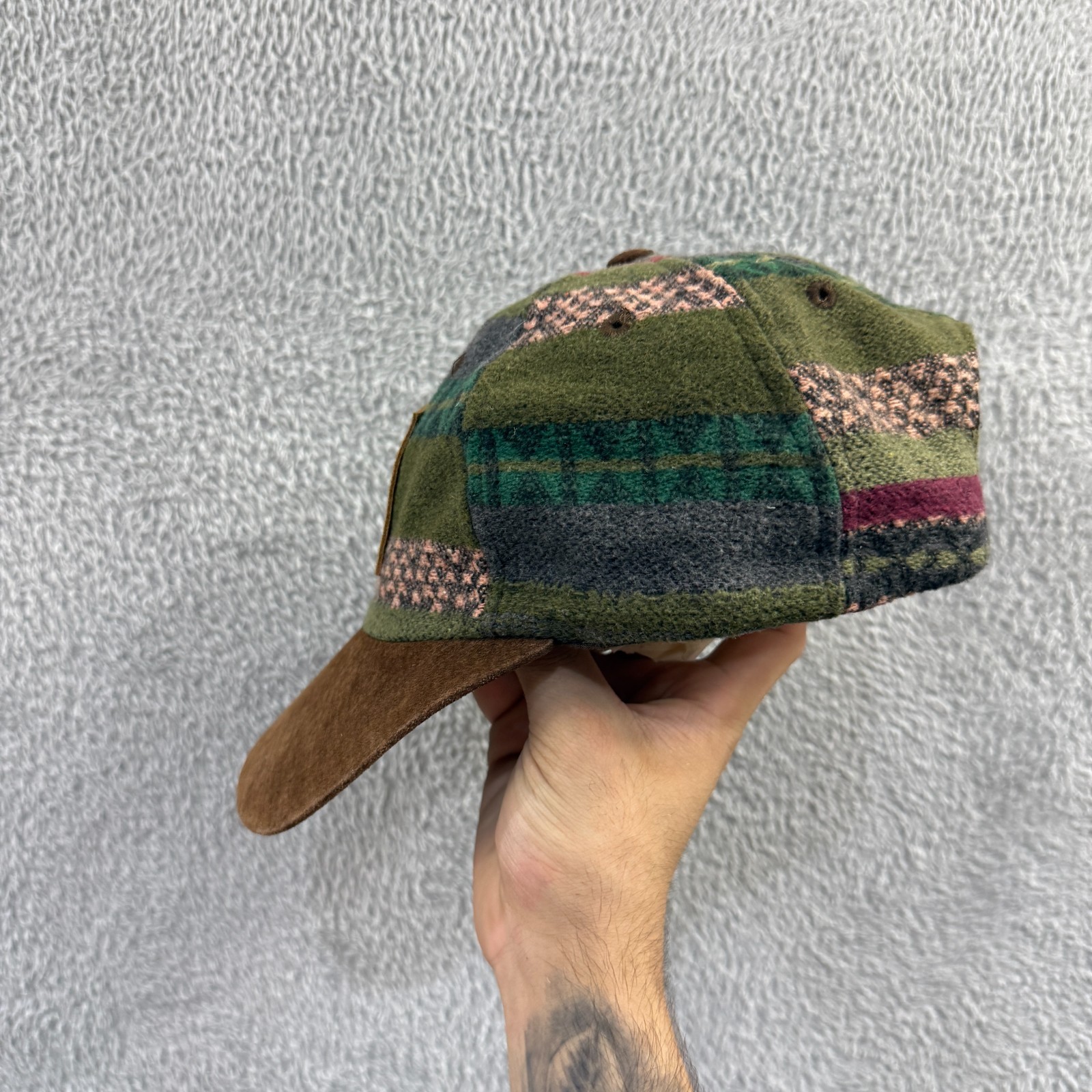 Vintage Fila Jeans 90's Wool Patchwork Brown Green Suede Peak Cap image 3