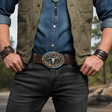 Men Dark Silver Metal Belt Buckle Western Texas Bull Long Horn Brown Turquoise