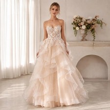 Elegant Champagne Wedding Dress Tiered Strapless Lace Appliques Sparkle Tulle