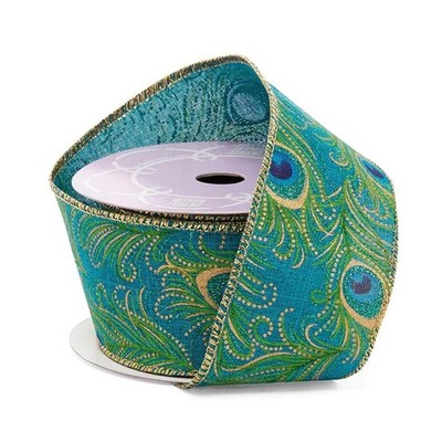 2.5'' Wide Peacock Feather On Blue Fabric Wired Ribbon - 10 Yards (56116702)