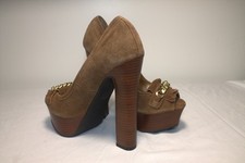 BEBE Brown Suede Lavender Fringe Chain Peep Toe Platform Pumps 6.5
