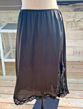 Vintage Midi Slip Skirt L Black Satin Lace Fairy Coquette Boho Y2K Whimsigoth