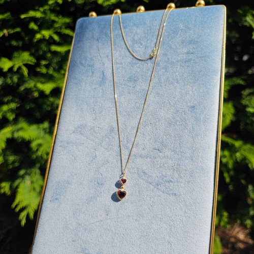 9ct Yellow Gold Dangly Double Garnet Heart Curb Chain Necklace - 18" 46cm - Gift