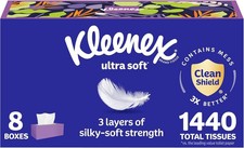 Kleenex Ultra Soft Facial Tissues, 8 Flat Boxes, 180 Tissues per Box, 3-Ply
