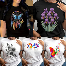 Women's Round Neck Short Sleeve T-shirt Butterfly Print Casual T-shirt Tops US √