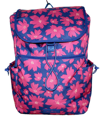 VERA BRADLEY Lighten Up Large Drawstring Campus Backpack Art Poppies Blue Pink