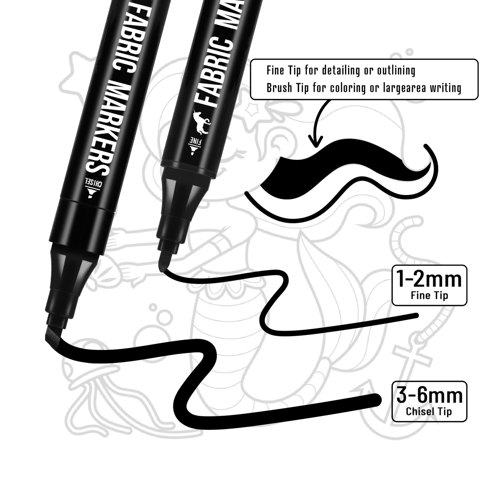 Fabric Markers Permanent for Clothes 6 Pack Black Dual Tip with Fine and Chis...