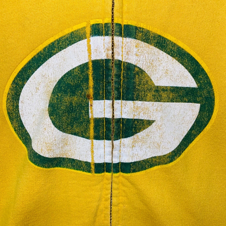 Reebok Green Bay Packers Yellow Zip Up Hoodie Distressed Logo Athletic Size L - Image 2 of 4