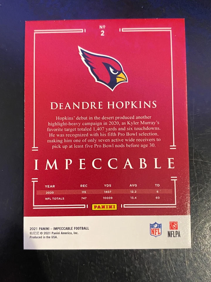 2021 Impeccable Deandre Hopkins Bronze Parallel #/35 Cardinals - Image 2 of 2