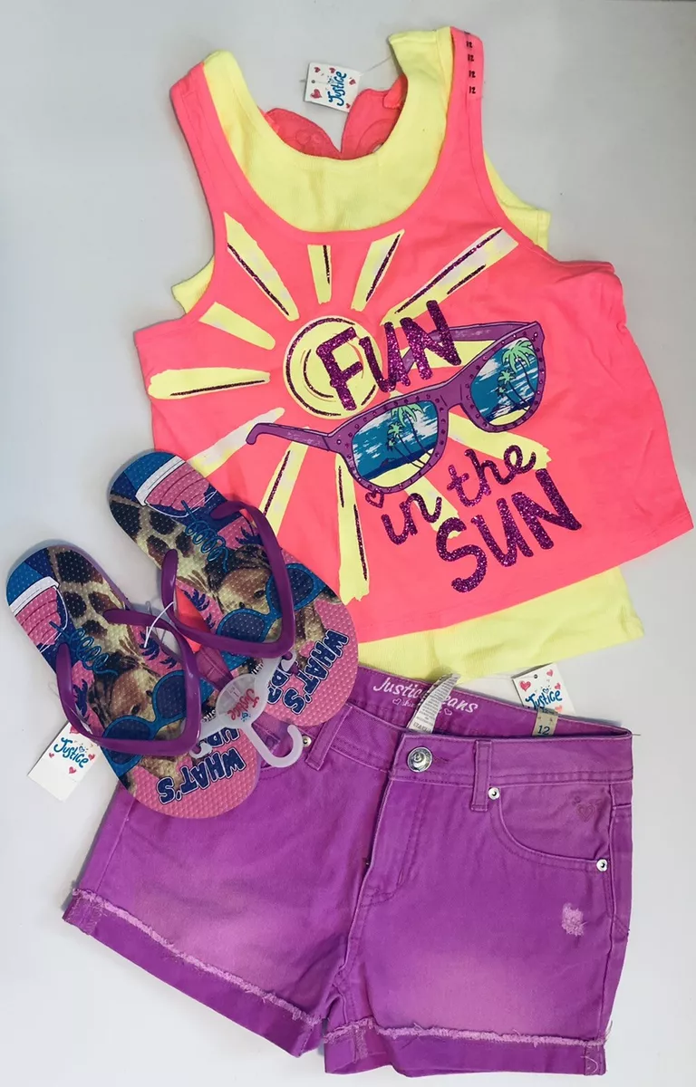 Girl 12 JUSTICE 4 Piece Purple Summer Clothes Lot Flip Flops Tanks Shorts  NWT