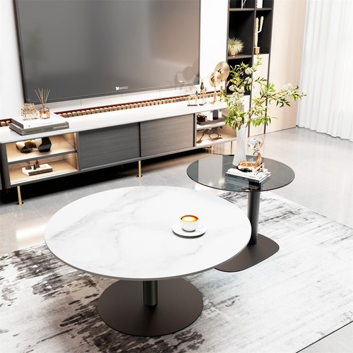 2x Modern Coffee Table Set Round Nesting Table Beech Wood/Sintered Stone + Glass - Picture 5 of 24