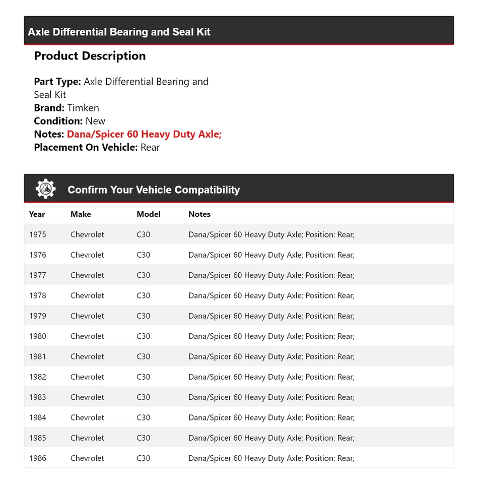 Kit de rolamento e vedação diferencial de eixo traseiro Timken Chevrolet C30 1975-1986 - Imagem 2 de 3