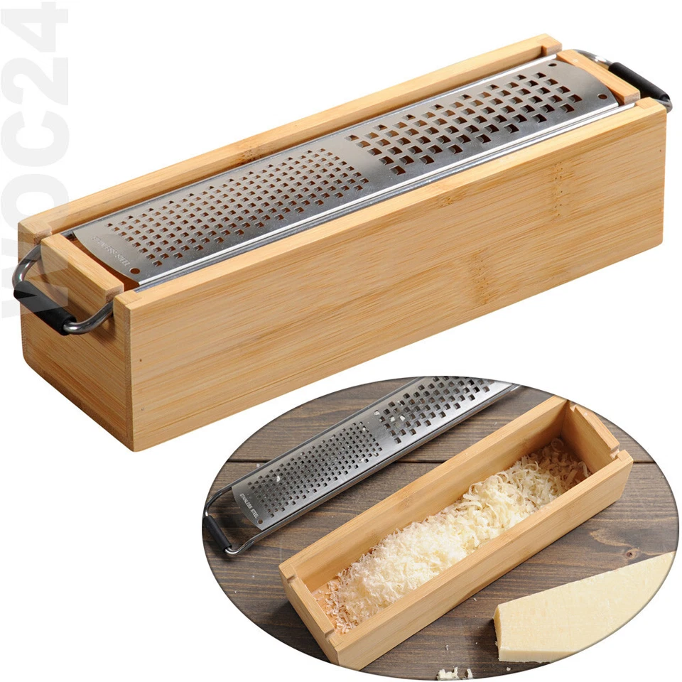 Parmesanreibe Käse Reibe Käsereibe Küchenreibe Edelstahl BAMBUS HOLZ Behälter