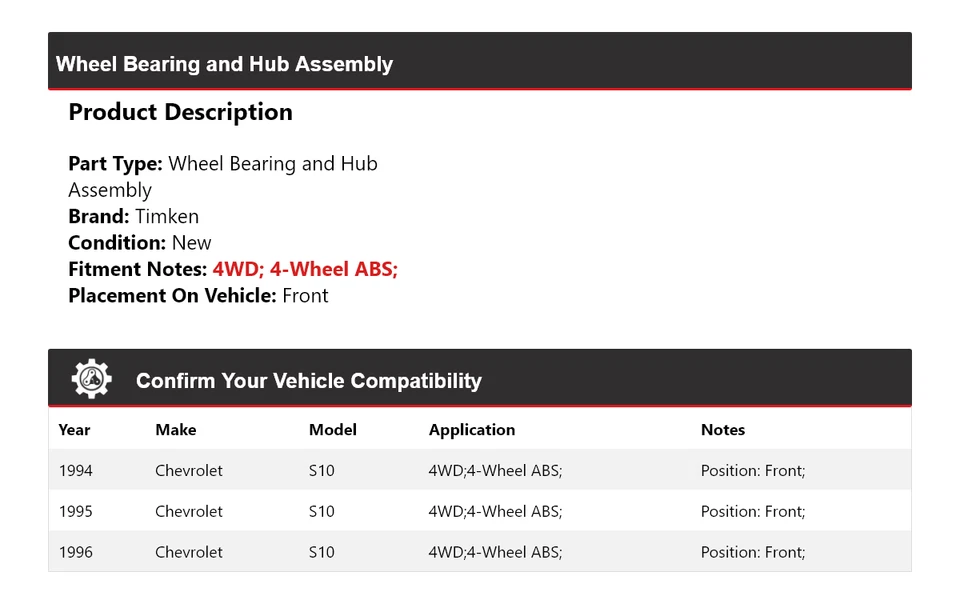 Conjunto de cojinete de rueda y buje delantero Timken 1995 para Chevrolet S10 1994-1996 4x4 Foto 2 de 4
