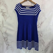 Eliza J Dress Womens Medium Petite Blue White Sweater Striped Short Sleeve 