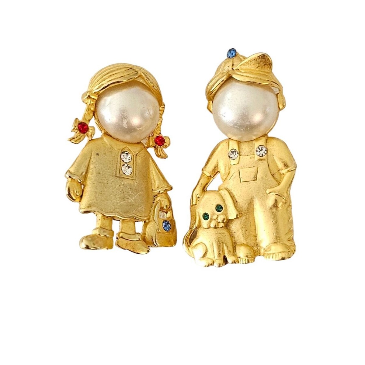 JJ Jonette Vintage Faux Pearl Boy Girl Pair Rhinestone Brooches