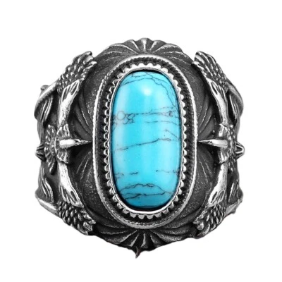 BAGUE PIERRE BLEU CHEVALIERE AIGLE WW2 VINTAGE BIKER GOTIK EGYPTE TURQUOISE - Photo 1/4