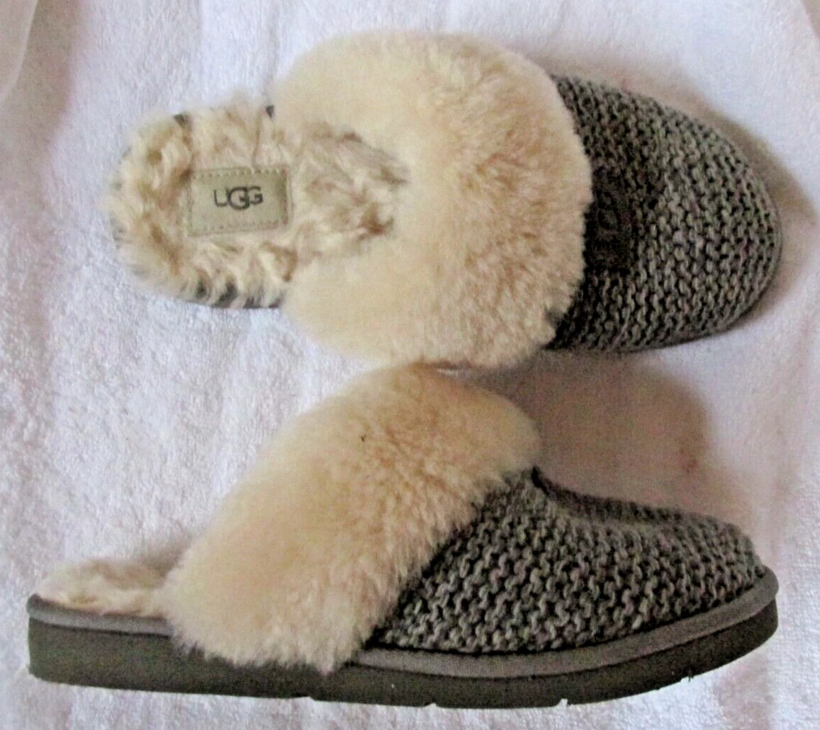 WOMENS DESIGNER UGG GRAY SWEATER REAL SHERPA FUR SLIPPERS SLIDES SHOES 9 40