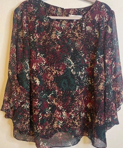 NEW KASPER Plus Size 2X Blouse Printed Lined Bell Sleeve 3/4 Evergreen Top