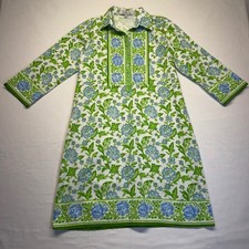 Vestido Túnica Bella Tu M Azul Verde Estampado Floral en Bloque Resort Costero Boho India