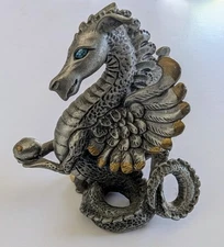 Vintage Rawcliffe Pewter Dragon Figurine Statue Blue Crystal Eyes Dated 2002