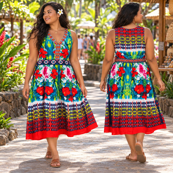 Orientique Shift Dress 10 Hibiscus Blue Red Green Yellow Abstract Boho Floral