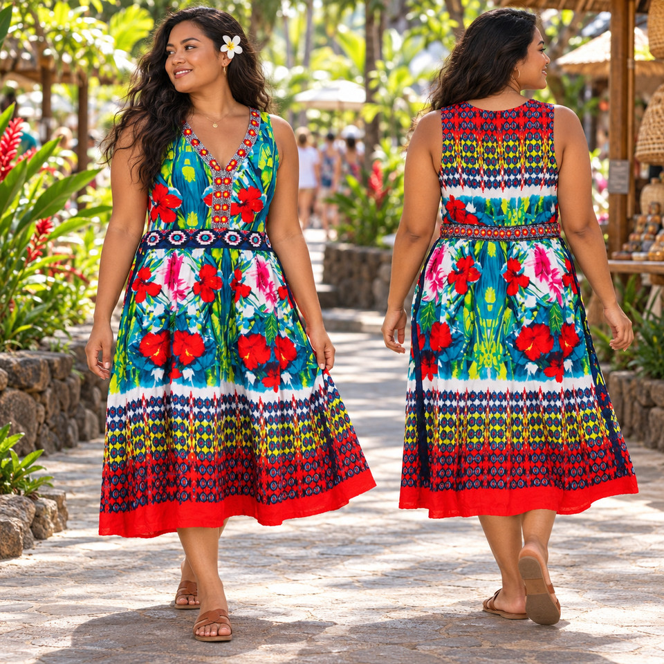 Orientique Shift Dress 10 Hibiscus Blue Red Green Yellow Abstract Boho Floral