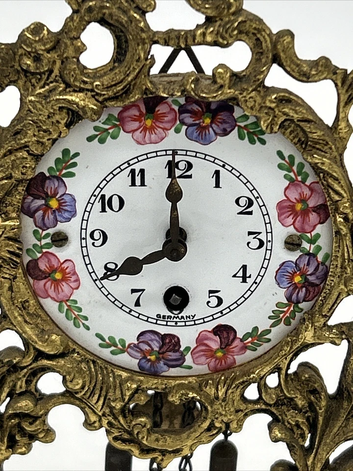 Vintage German Globe Dresser Shelf Clock Gold-Tone Metal Floral Wind Up Untested - Image 2 of 4
