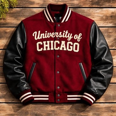 Letterman University Of  Chicago Varsity Jacket  With Leather  Sleeves