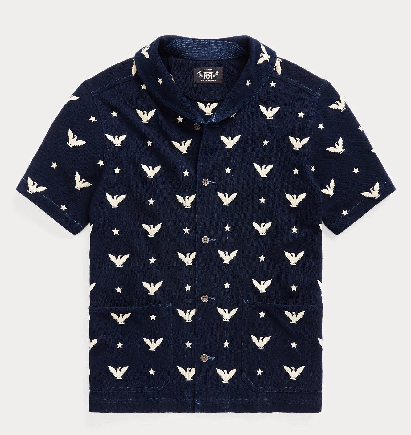 RRL Ralph Lauren Polo Nautical Military Embroidered Eagle Star Mesh Shirt  sz  L