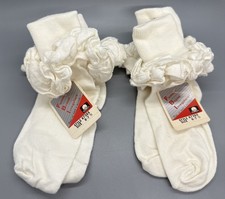 Vintage Frilly 90s Anklets Socks Girls 6-7.5 Double Ruffle Cuff USA Cotton White