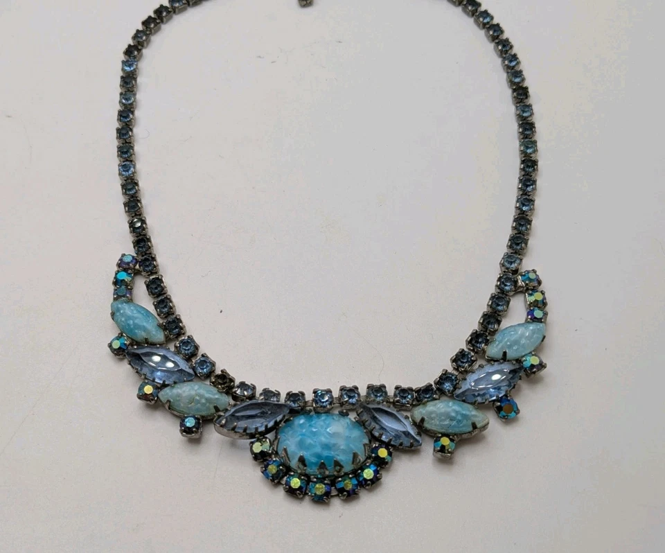Vintage 60s D & E Juliana Art glass Blue cabochons Open Back Rhinestone Necklace - Image 3 of 4