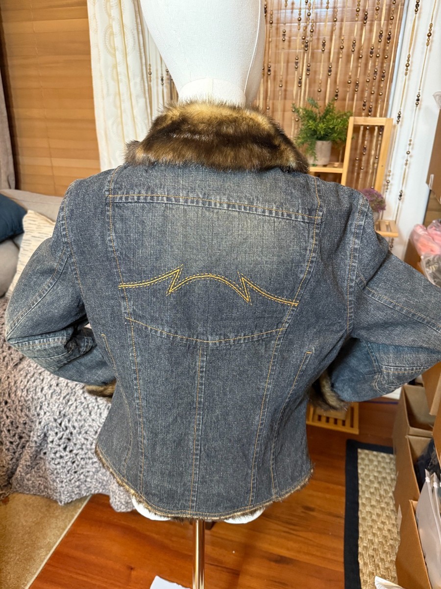 Giacca Faux Fur Lined Denim Jacket Women's Large Blue Zip Up Y2K