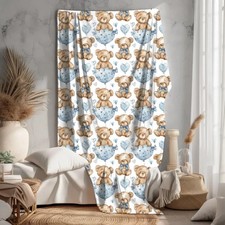 Blue Hearts Teddy Bear Velveteen Plush Blanket Sweet Gift