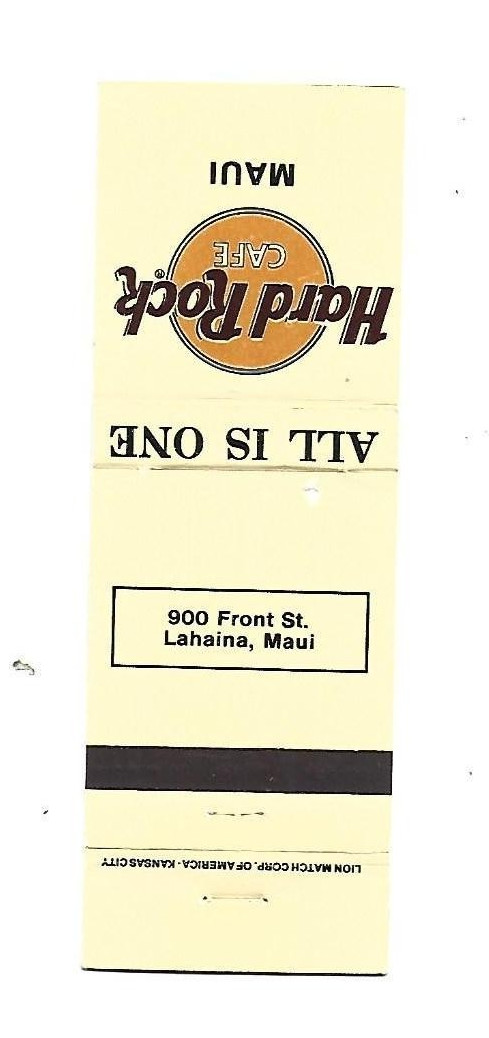 Hard Rock Cafe - Lahaina, Maui, Hawaii  Matchcover       Closed 2016