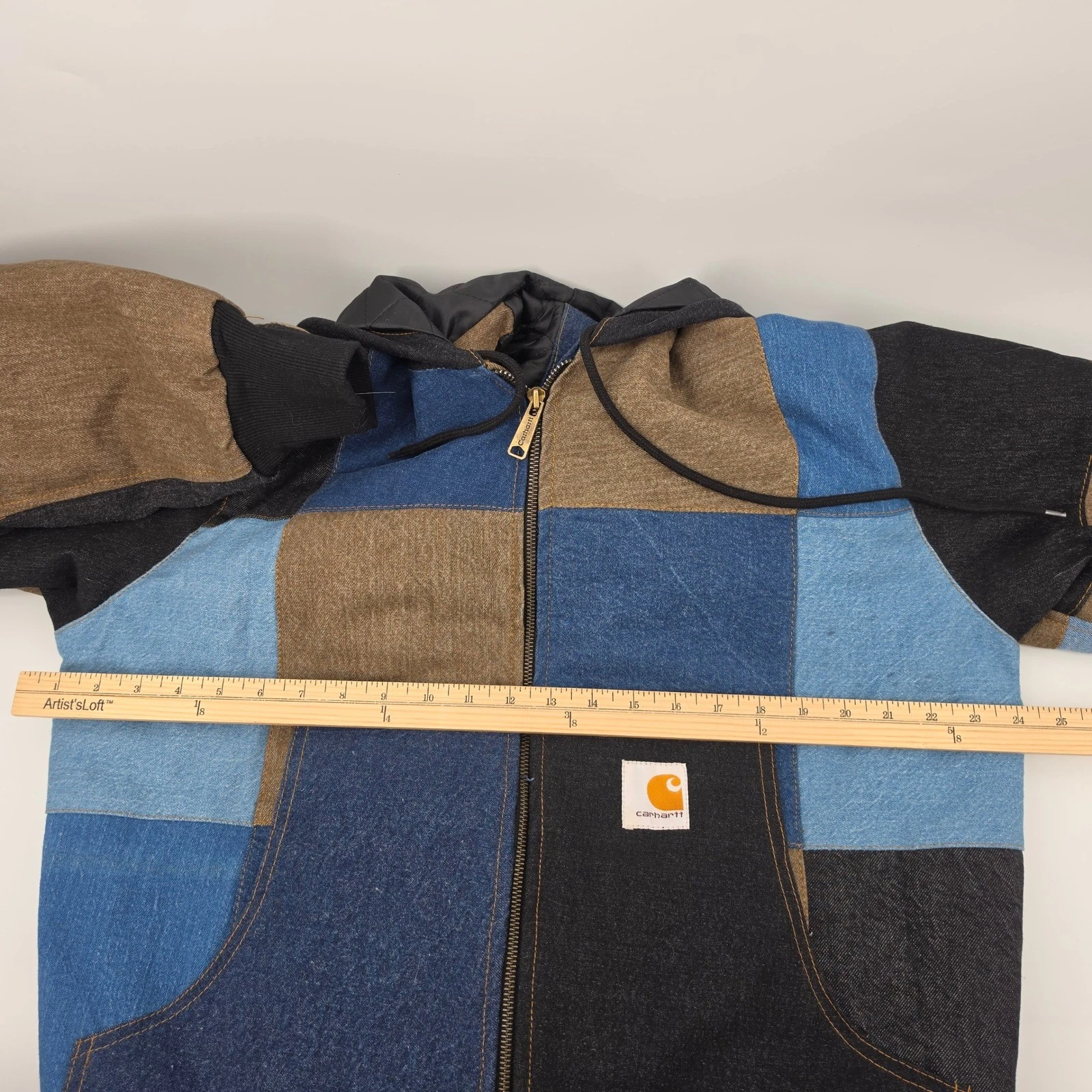 Carhartt Reworked Patchwork Denim Jacket Mens Large Hooded Quilted Lined Work - product detail image 8